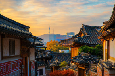 Ancient Korean town in Autumn and morning sunrise