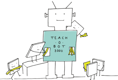 A robot standing in the center with the name "Teach-O-Bot 3000
