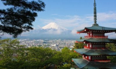 Japanese temple architecture against a city skyline and ice-capped mountain backdrop